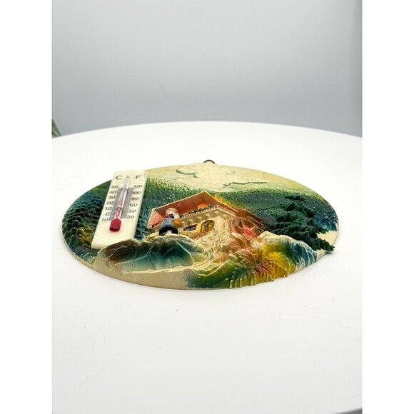 Vintage Hand-Painted Wall Thermometer With Rustic Cabin Design & Scenic Forest B - Picture 4 of 5